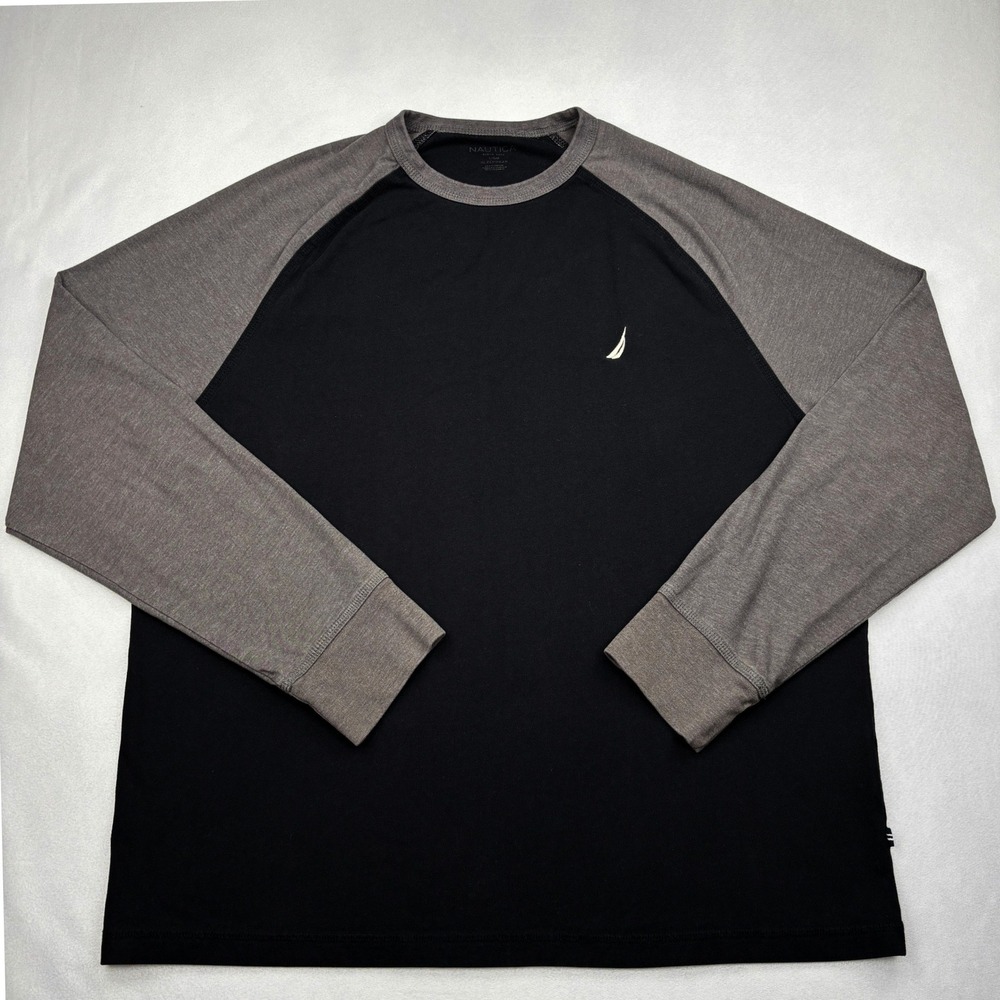 Nautica Mens Large Black Charcoal Raglan Long Sleeve Sleepwear Lounge T Shirt L